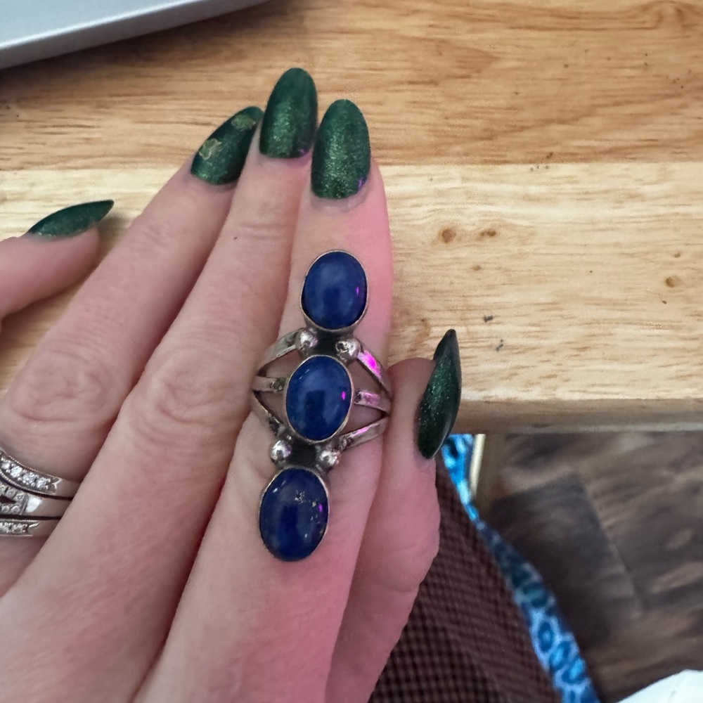 Blue Lapis Triple Stone Silver Ring - Women Jewelry
